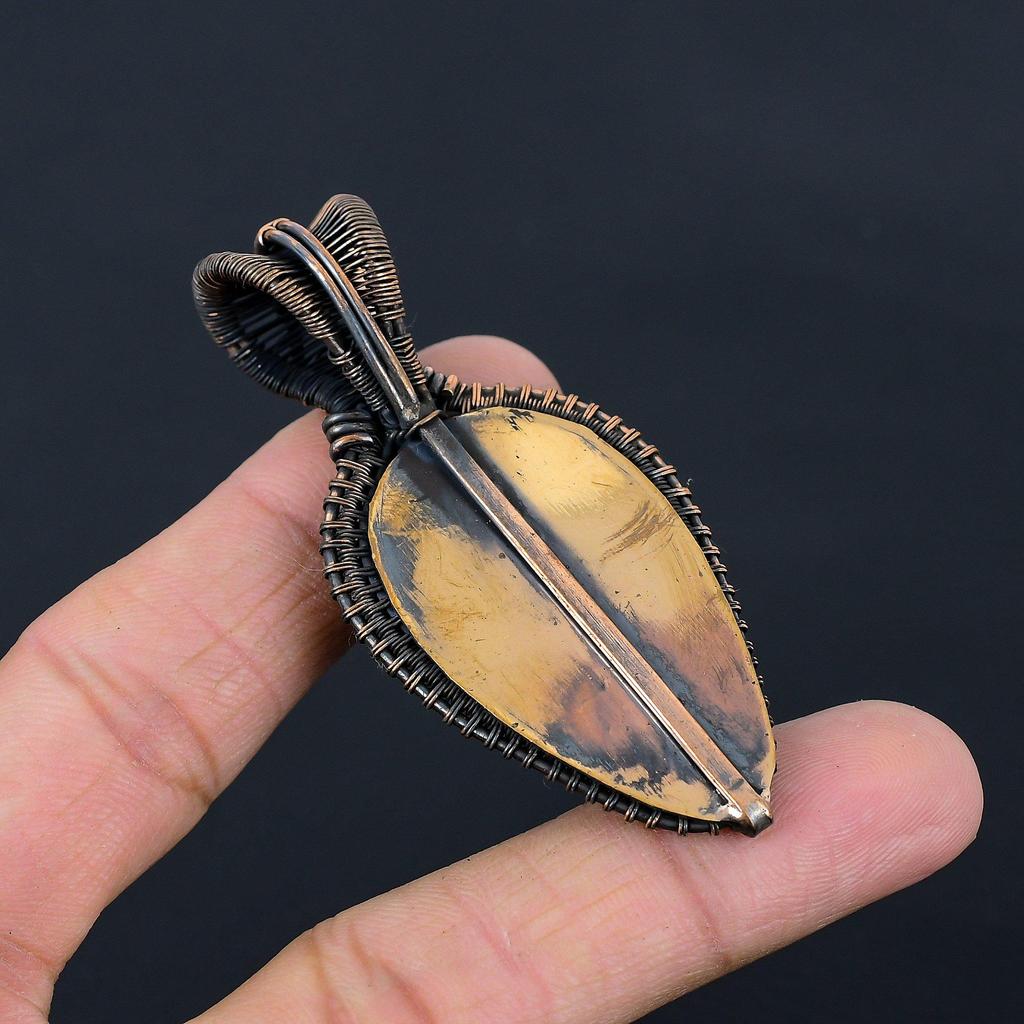 Grey Carved Bone Face & Moonstone Gemstone Pure Copper Wire Wrap Handmade Jewelry Pendant