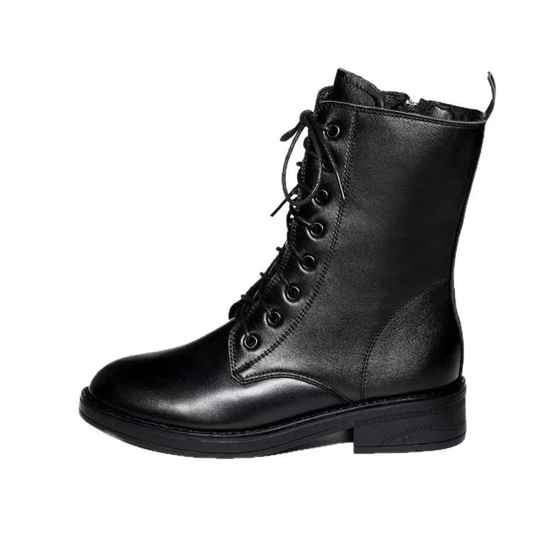 Weiche Leder-Mode-Stiefel Damen Britische Stil Stiefel Herbst und Winter Samt neue niedrig-absatzige Mode-Stiefel flachsohlige kurze Stiefel Damen