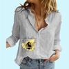 Women Fashion Button-up Blouse Ladies Loose Cotton Linen Top Casual Print Long Sleeve Shirt