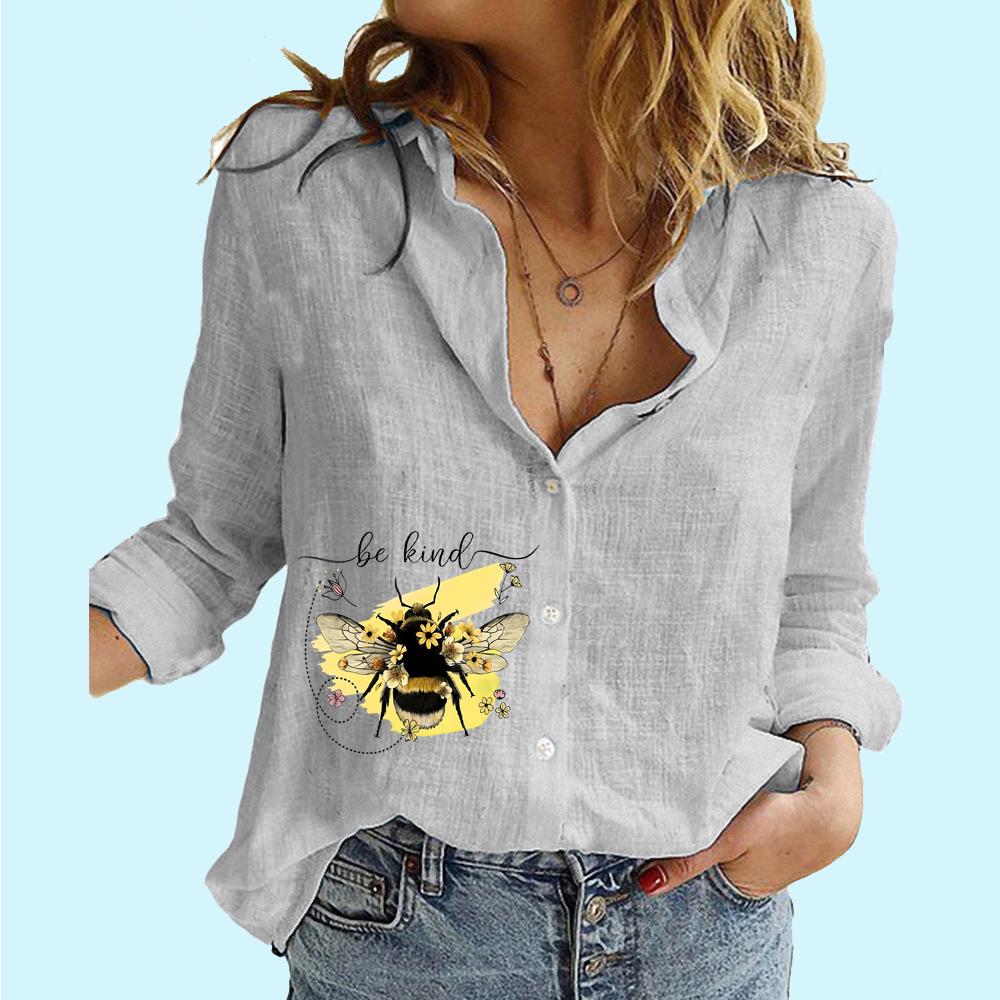 Women Fashion Button-up Blouse Ladies Loose Cotton Linen Top Casual Print Long Sleeve Shirt