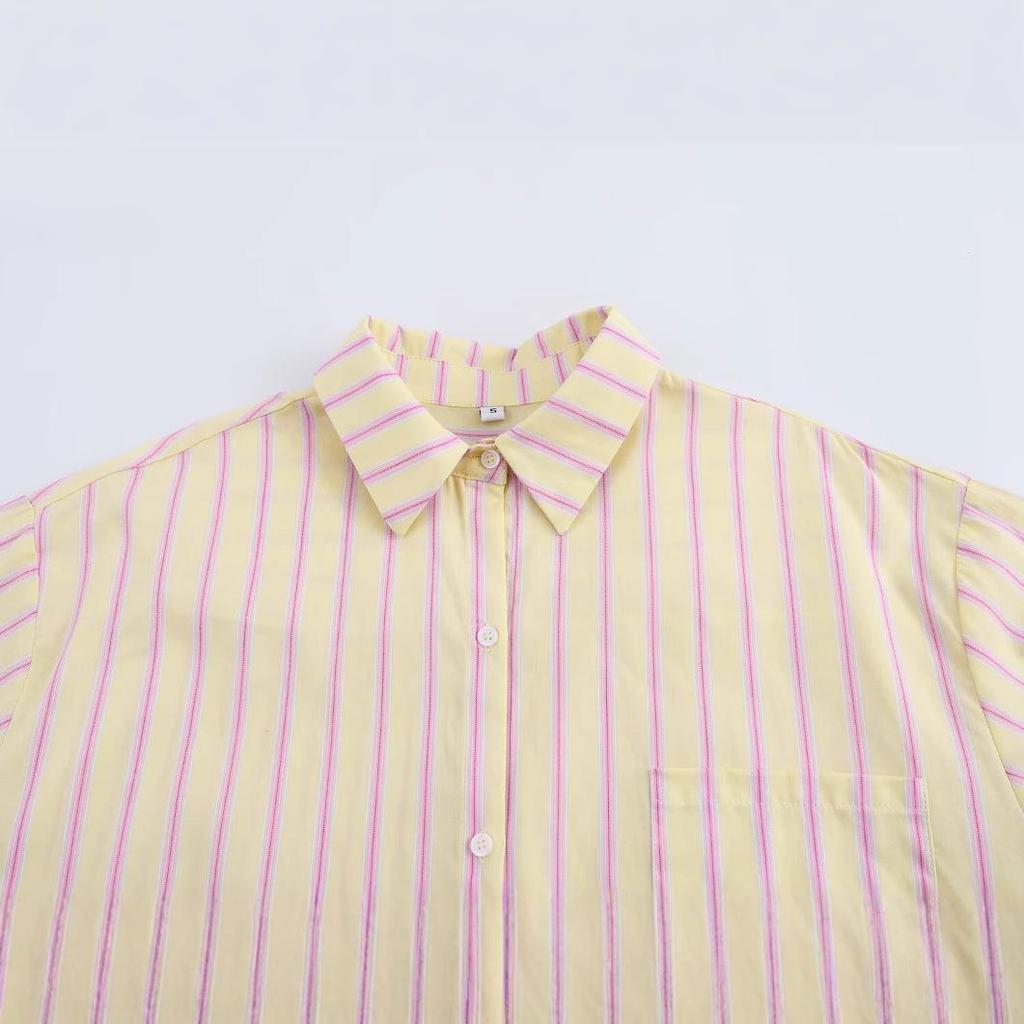 2025 Spring Women's Fashionable European & American Style Loose All-Cotton Striped Long-Sleeve Shirt