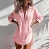 Women's Long Sleeve Shirt Dress Collar Loose Midi Cover Up Solid Color Beach Blouse Tunic Top