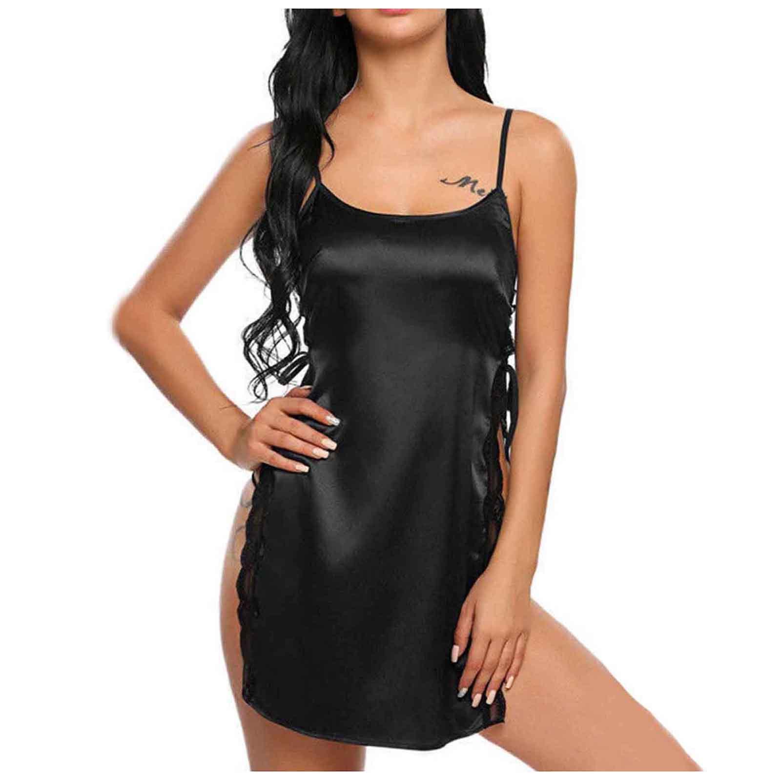 

Women s Satin Nightgown with Lace Trim Adjustable Spaghetti Straps Side Tie Detail Soft Lightweight Sleepwear Dress M