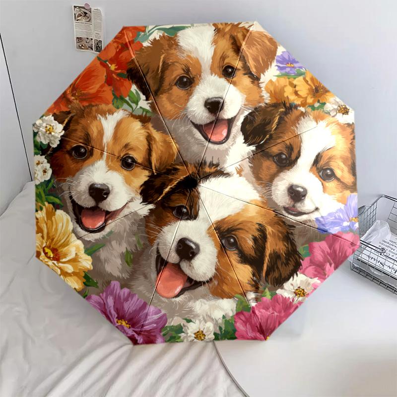 0106 Dog In Flower Bush  Pattern, Automatic Folding Umbrella, Portable and Foldable Design, 8 Ribs, a Christmas or Birthday Gift.