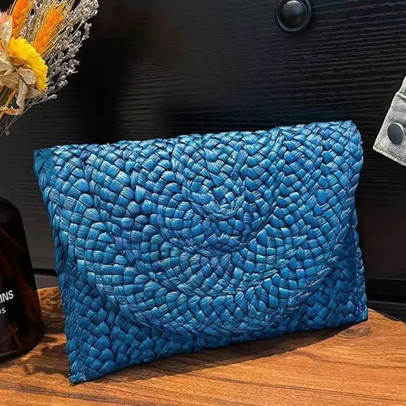 Fashion Beach Purse Women Summer Beach Bag Envelope Woven Clutch Solid Color Large Capacity Storage Bag Corn Husk Straw Hand Bag