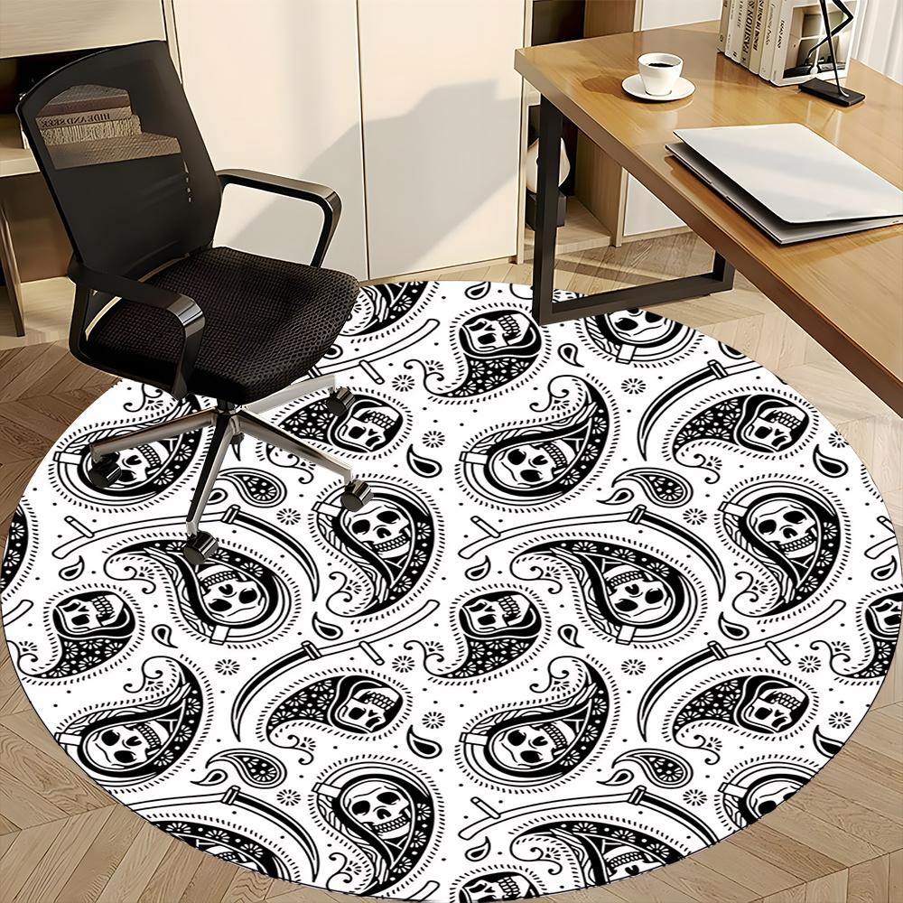 1pc Skull Paisley Office Round Area Rug, Indoor Mat Suitable ForOffice, Under Office Chairs Bedroom Living Room Home Decor, Room Deco 013