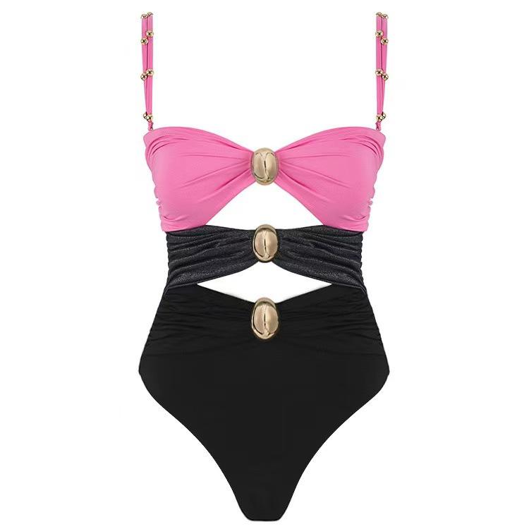 2025 European Gold-Plated Cutout One-Piece Swimsuit for Women - Color Block Design