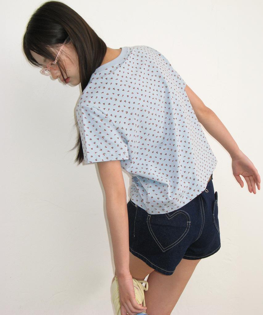 RONRON Floral Mini Label Crop Short Sleeve Soft Blue