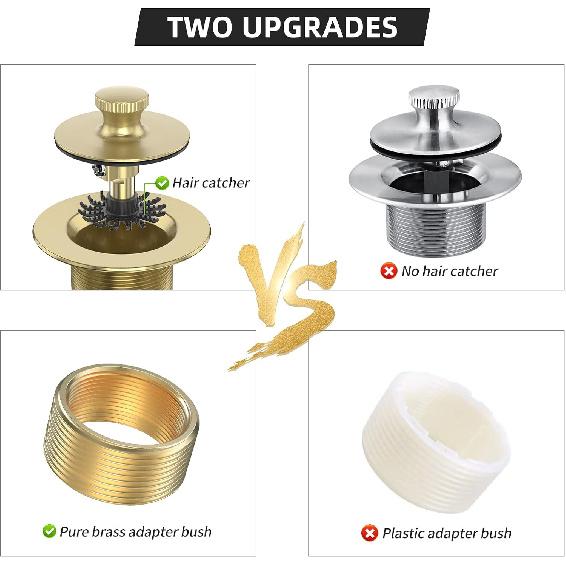 Brushed Gold Bathtub Drain Bath Tub Trim Set Conversion Kit Assembly, All Brass Lift and Turn Twist Tub Drains Replacement Trim Kit with Two-Hole