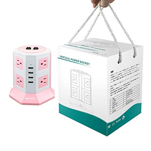 Micshion Tower-Style Power Strip with 2 Bipolar Switches, 8 AC Outlets, 4 USB Ports (4.5A/5V), 1500W, 100V-125V Input, Fast Charging, Lightning and Ov