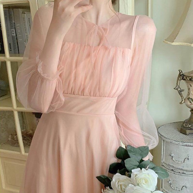 Soft Style French First Love Sweet Long Sleeve Pink Dress Elegant Princess Maxi Skirt