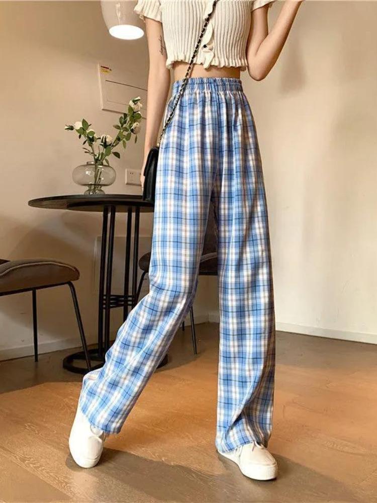 Vintage Plaid Women Pants High Waist Wide Leg Straight Pant Loose Casual Female Trousers Wide Leg Pant Fashion