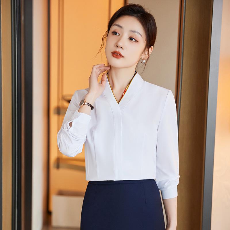 Women's Plus Size V-neck White Blouse: Professional Workwear and Flight Attendant Uniform