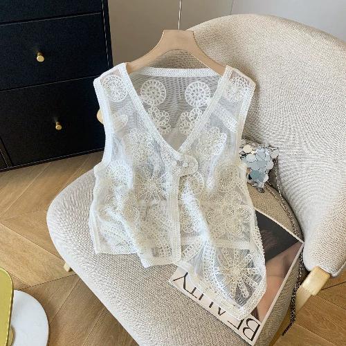 

Dimanaf 2025 Новый короткий жилет футболка женская без рукавов пуговицы вязаный кружевной жилет V-образный вырез летний стиль базовые топы футболки One Size