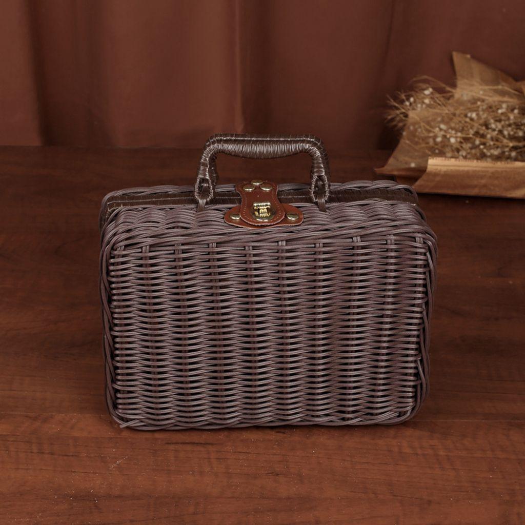 

PP Rattan Material Gift Box with Handle Rattan Suitcase Photograph Props Storage Basket Storage Box S-Dark Coffee No Liner