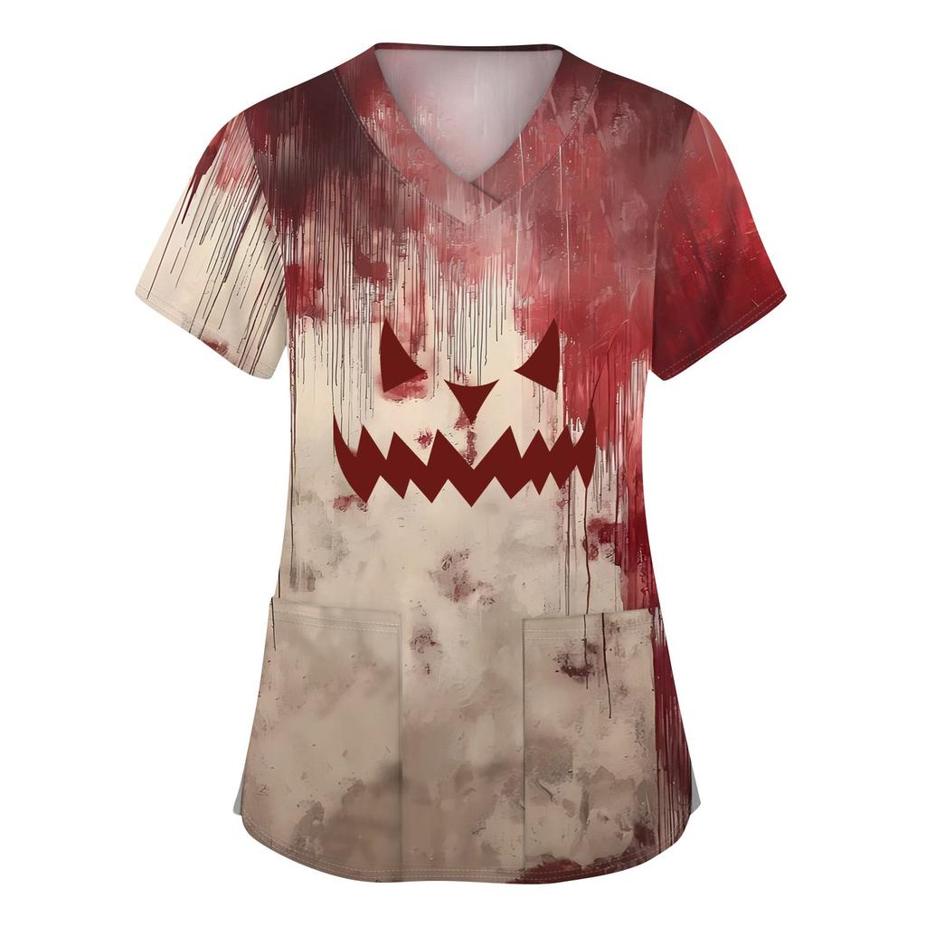 Γυναικεία Μόδα V-λαιμόκοψη Κοντομάνικη Επαγγελματική Ενδυμασία Με Τσέπες Τοπ με Αποκριάτικη Εκτύπωση