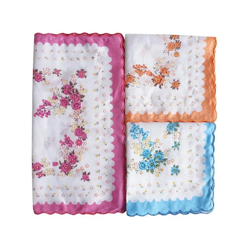 3Pcs 30x30cm Flower Printed Cotton Women Hankies Lace Hanky Ladies Scarf Pocket Hankerchief Wedding Party Gift