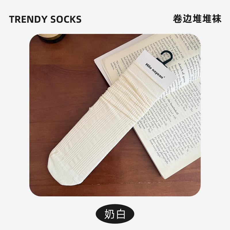 Socks Autumn Stacking Socks Mesh Breathable Crimped Boneless Cotton Socks Versatile Solid Color Medium Tube Socks Socks Industry