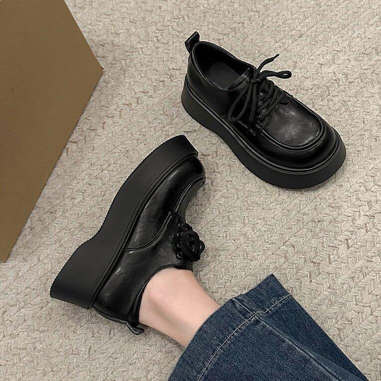 British Style Big Head Small Leather Shoes Women's 2025 Spring and Autumn New Black Lace-up Loafers Retro Versatile Platform Single Shoes