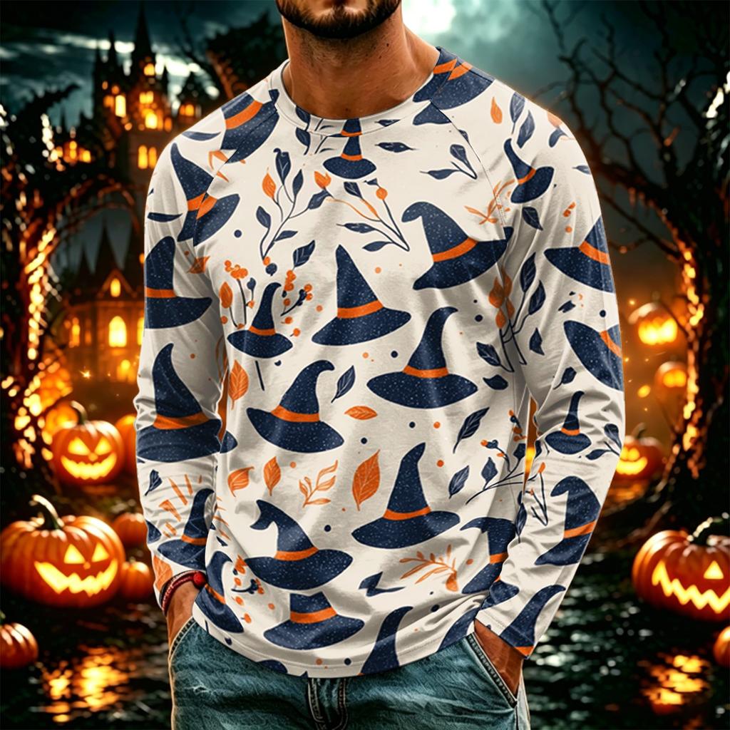 Men's Halloween Printed Long Sleeve T-Shirt, Lightweight Casual Crewneck Top