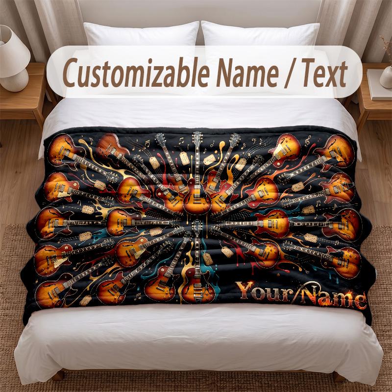 Music Guitar Theme Soft Blanket Personalized Custom Name Text Print Warm Blanket Home Sofa Bedroom Decor
