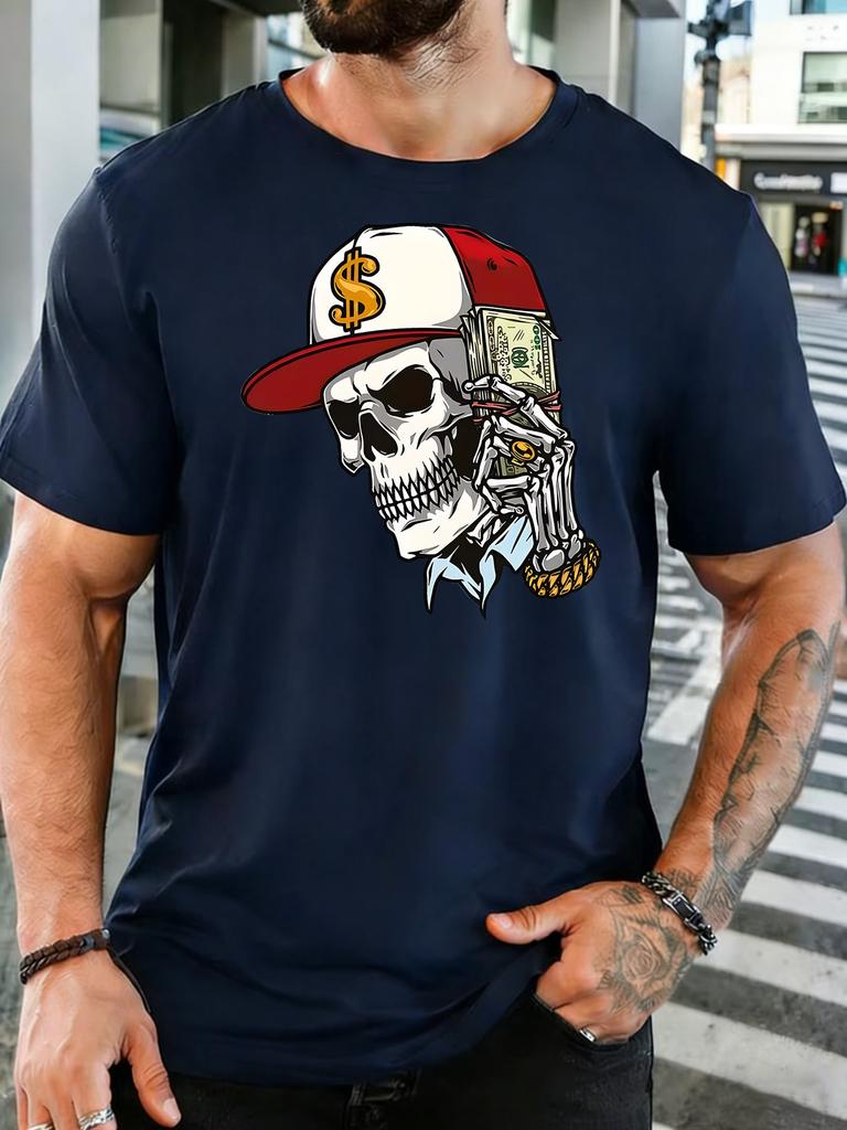 Unisex Crew Neck Tee Hip Hop Skull Cap Cash Art Graphic Print Short Sleeve Top Summer Loose Soft Breathable Casual Basic Daily Wear