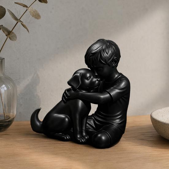 jijijing 3D Printed Puppy And Boy Statue, Dog & Owner Sculpture, Hugging Figurine Decor, Home Decoration Healing Ornament Gift
