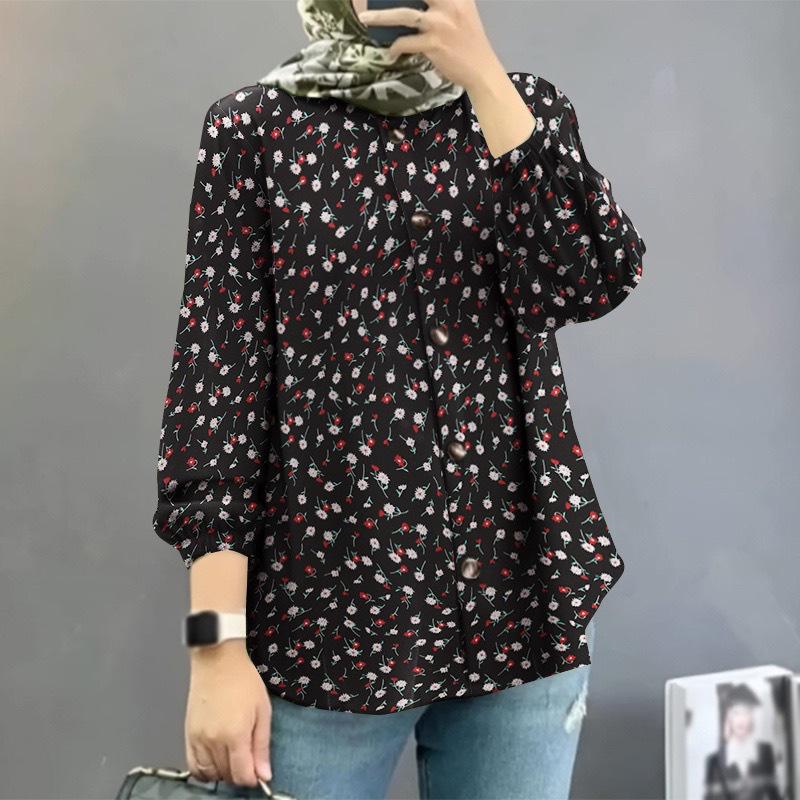 2025 New Women's Muslim Floral Shirt with Fashion Puff Sleeves