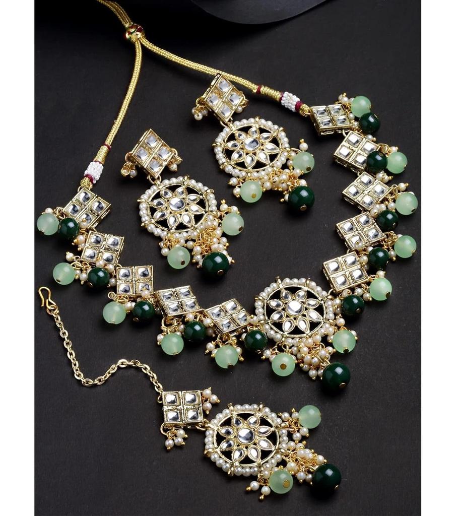 Women Gold Plated Square Shape Womens Green Beads Choker Necklace Set