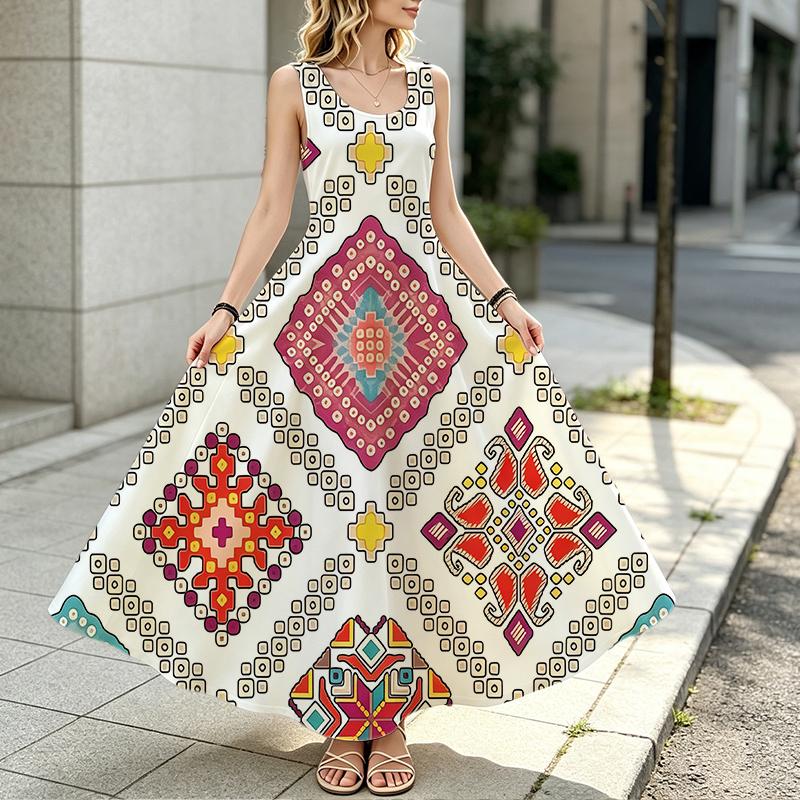 Minimalist Sleeveless Loose Maxi Dress Lightweight Colorful Geometric Ethnic Style,Versatile for Daily Casual,Spring Fall Layering & Vacation