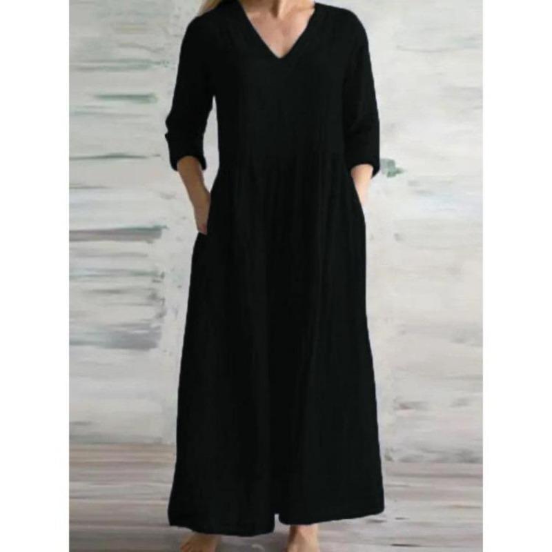Neues Damen Freizeit V-Ausschnitt Halbarm Locker Langes Maxi Kleid Schlichter Stil Baumwolle Leinen Frühling Herbst Vestido Damenkleid