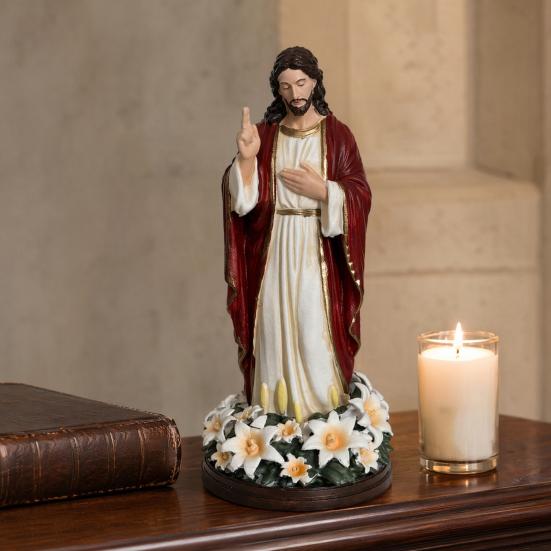 Jesus Statue with LED Lighted Flowers USB Powered Jesus Figurine Blessed Religious Sculpture