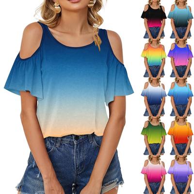 Women's Casual Breathable Loose Fitting Off The Shoulder Short Sleeved Leaf Top Gradient Color T-shirt