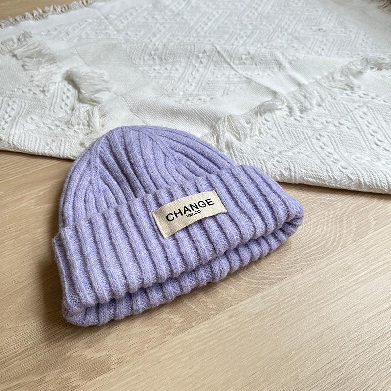 Korean Letter Patch Knitted Woolen Hat Autumn and Winter Warm Curled Edge Woolen Hat Large Head Circumference Loose Knitted Hat