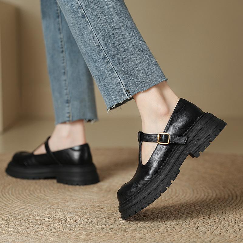 French retro Mary Jane women's shoes 2025 spring new small one-word buckle single shoes thick-soled thick high-heeled leather shoes