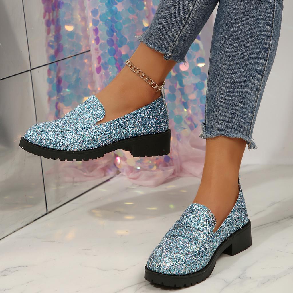 Fashion 2025 spring and autumn new large size low heel single shoes female personality sequin round head slip-on women's shoes
