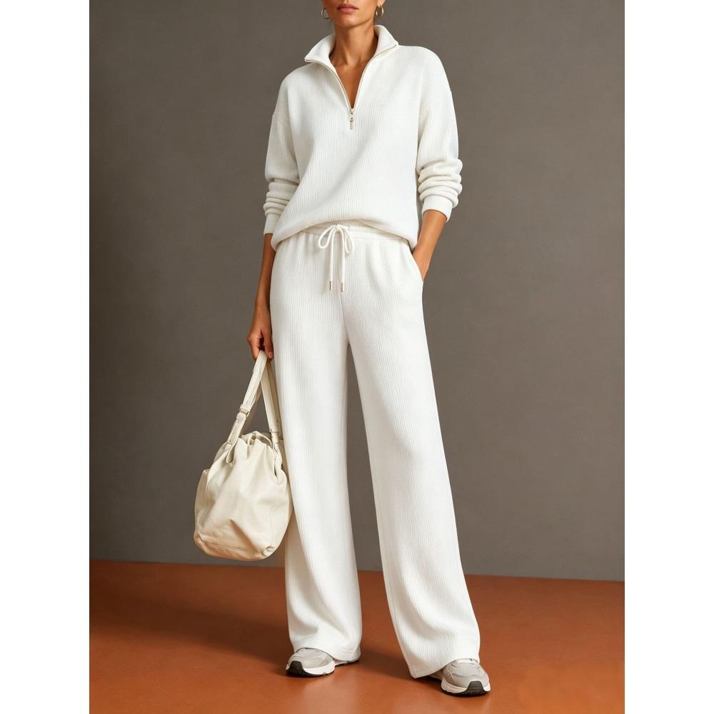 Women's Loose Knit Tracksuit Long Sleeve Half Zip Sweatshirt Drawstring Waist Wide Leg Pants