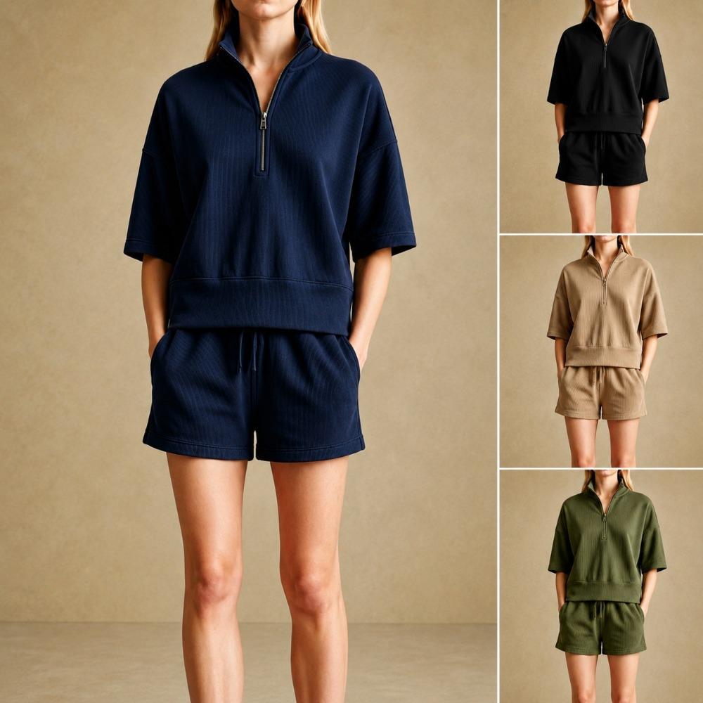 Women's Loose Tracksuit Half Zip Short Sleeve Sweatshirt Drawstring Waist Shorts