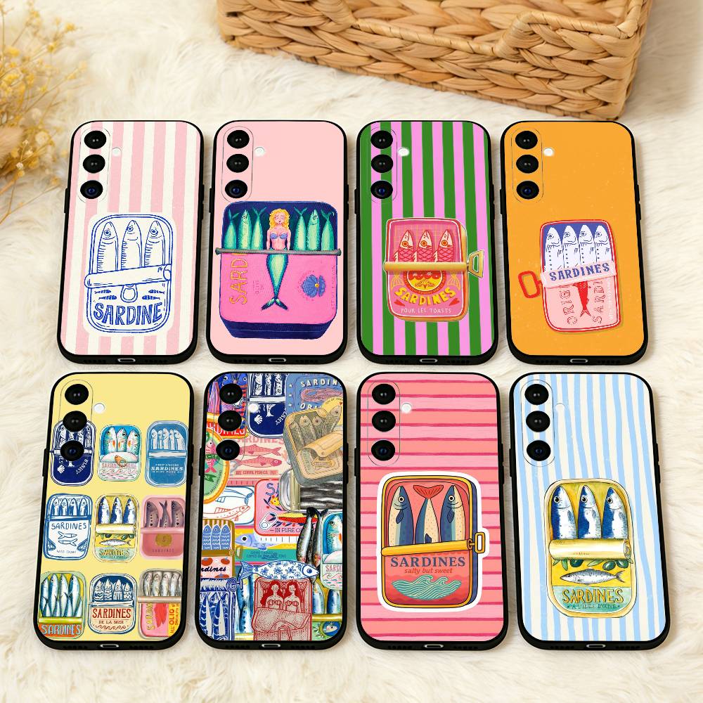 V-Vintage Canned Sardines Phone Case For Samsung A73,72,71,53,52,51,22,91,80, Soft Black Cover