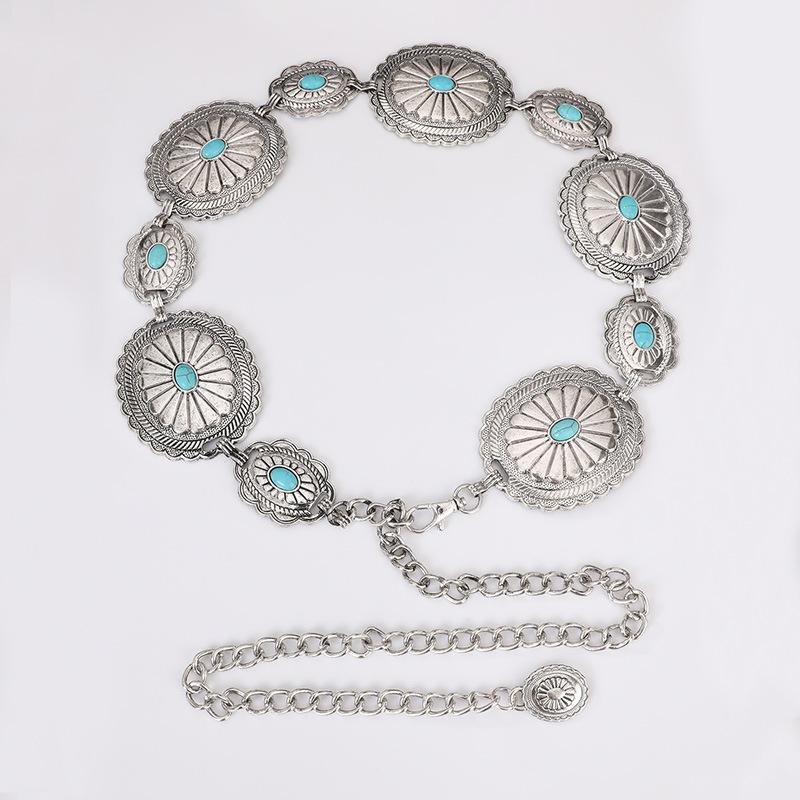 Bohemian Waist Chain Turquoise Inlaid Large Accessories Western Style Denim Handsome Metal Heavy Industry New Women's Waist Chain