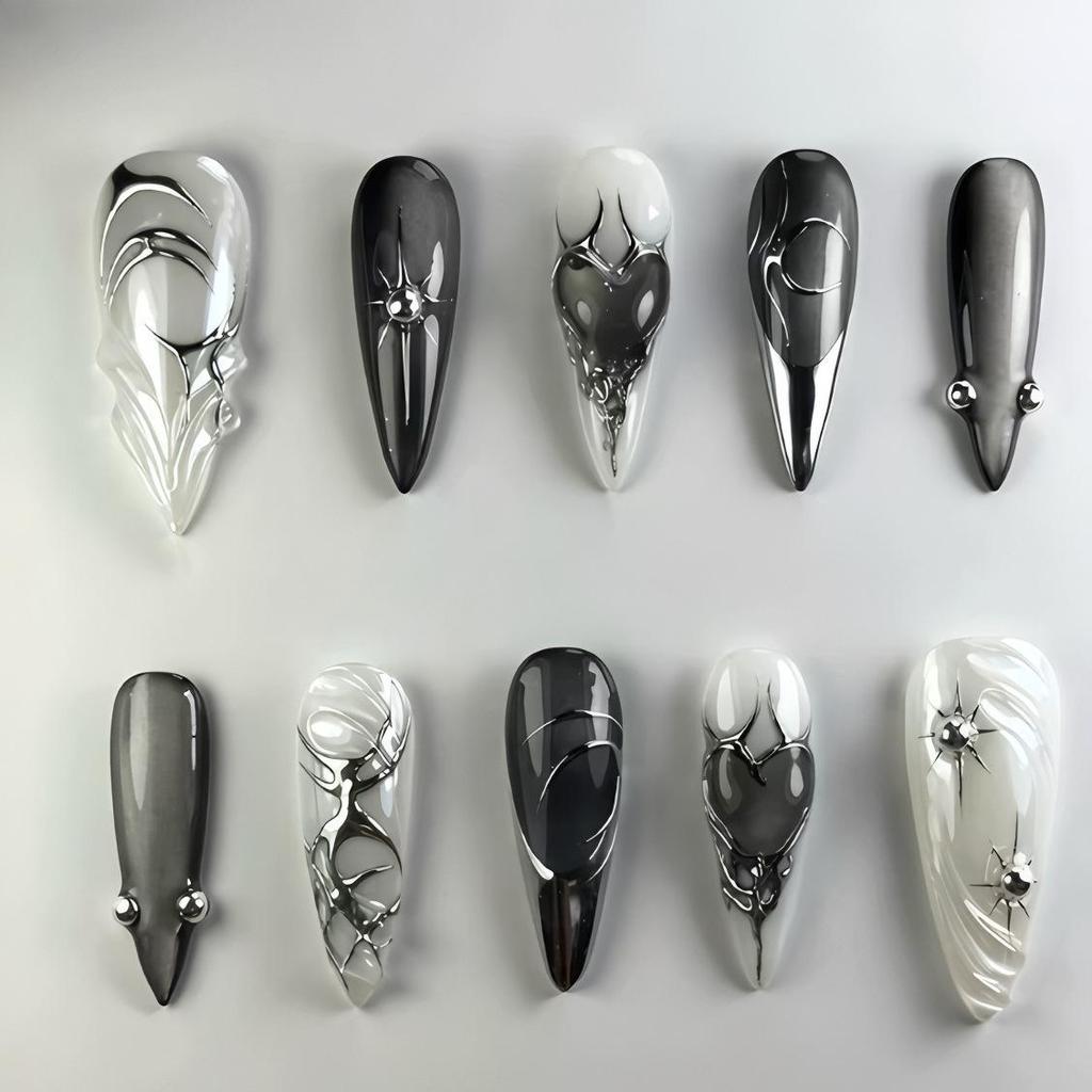 Almond Rhinestone Gold Foil Nails: Glossy 3D Metal Resin, Cool Manicure Set - 30 Pieces