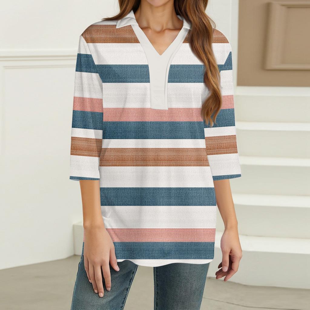 Women's Fashion Casual Lapel 3/4 Sleeve Print Shirt Women's V-Neck Tops