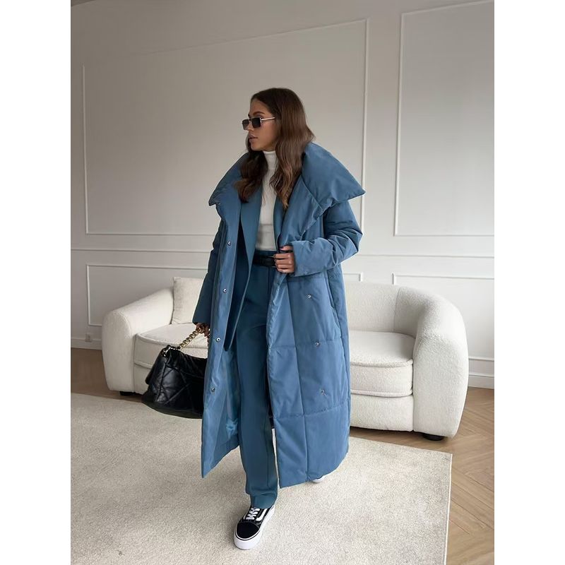 

Fashion Wind Winter Loose and Warm Long Section with a Stand Collar Cotton Coat Jacket Loose Long Cotton Clothing Blue S