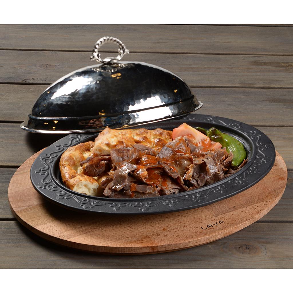 Lava Cast Iron Oval Serving Plates And Bowls. With Wooden Platter 28X20cm.