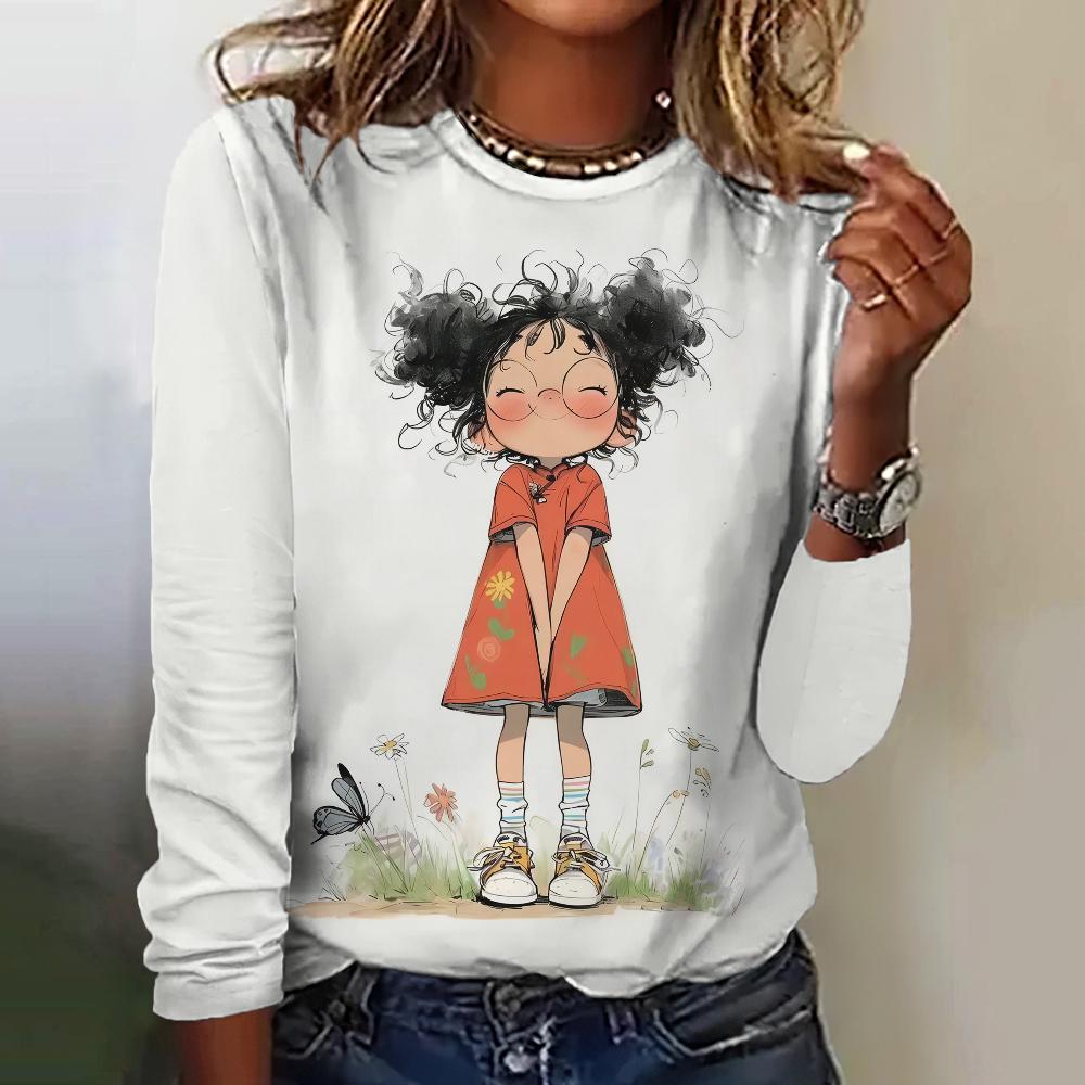 Women's T-Shirt Top Long Sleeved Pullover Fashion Little Girl Print Street Round-Neck Tee Shirt Female Everyday Loose Clothing