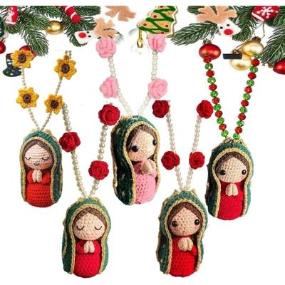 Cute Mary Statue Car Interior Decoration, Handmade Crochet Car Rearview Mirror Charm with Virgin Mary Statue,Hanging Blessings Rosary Decor