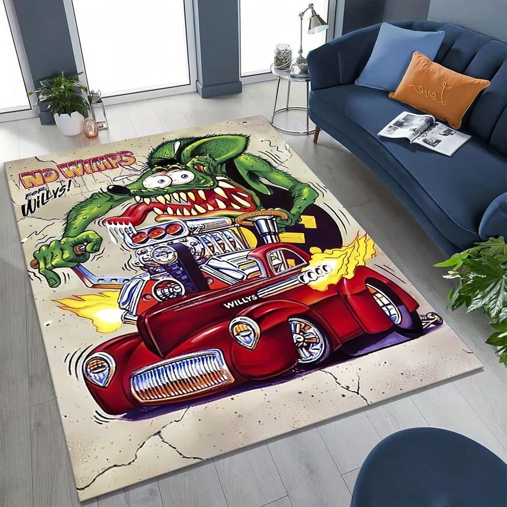 3D Rebellious RAT FINK Auto's Bord Cartoon Vloerkleed voor Slaapkamer Woonkamer Bank Huis Deurmat Decoratie, Groot Kinder Speel Antislip Vloermat