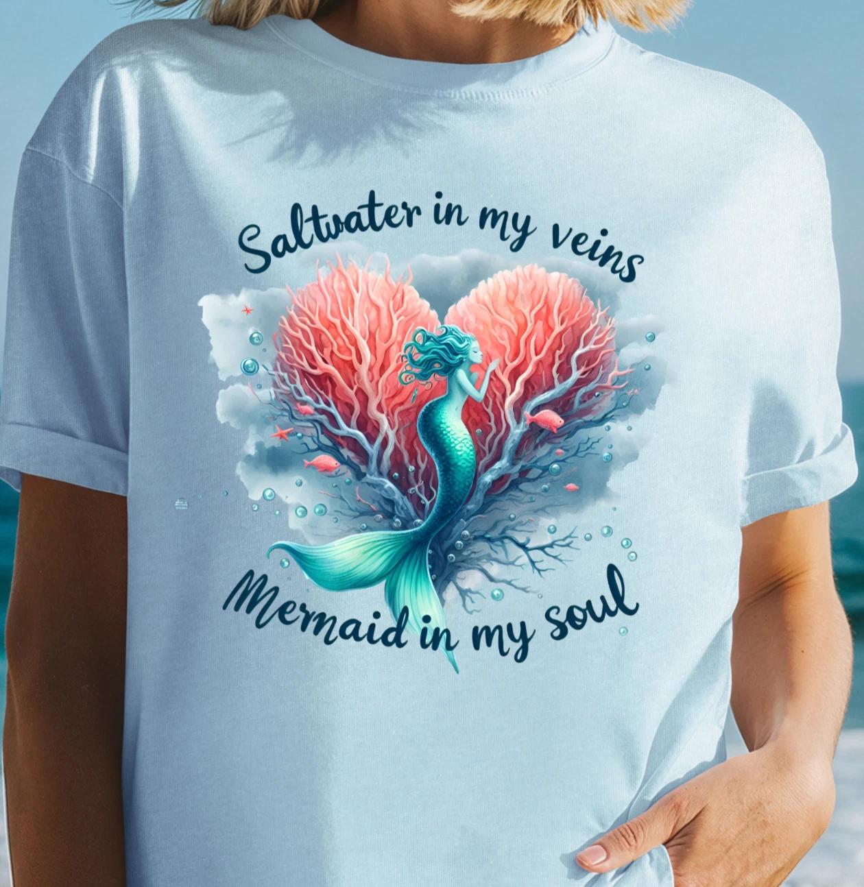 Saltwater in My Veins Mermaid in my Soul T-shirt | Ocean Coral Illustration Tee M
