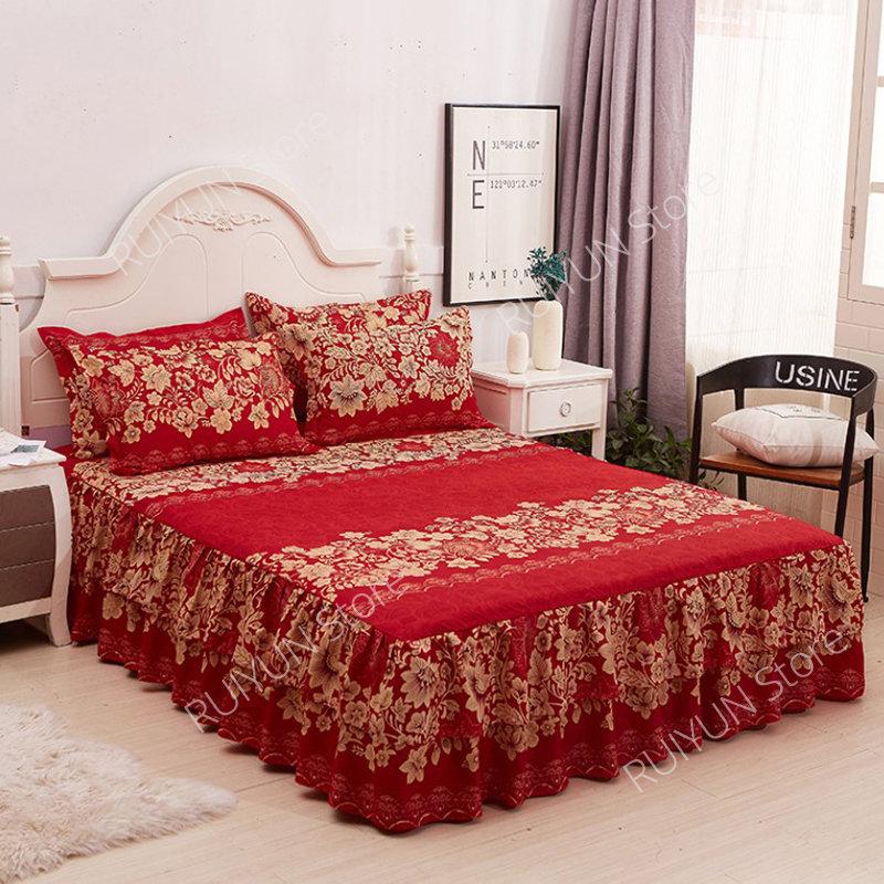 Drucken Weiche Bett Rock Hause Schlafzimmer Doppel Schichten Bett Rock Bettlaken Bett Abdeckung Rock Nicht-slip Matratze Abdeckung Couvre lit Bettdecke