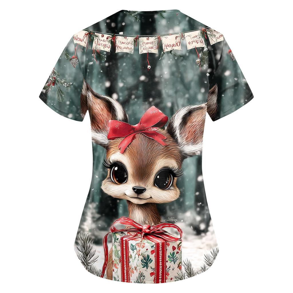 Dámský vánoční potisk volný výstřih do V kapsa krátký rukáv uniforma